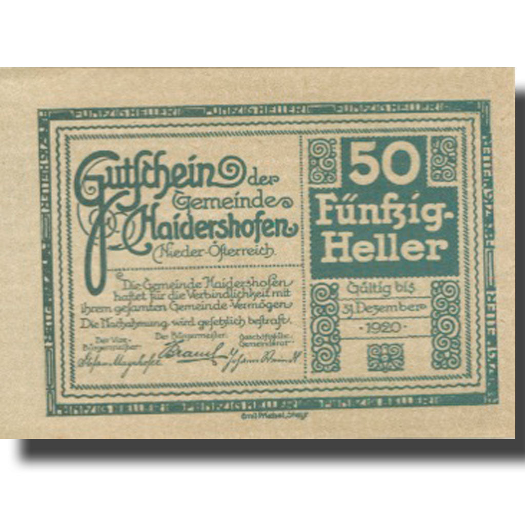 Banknote, Austria, Haidershofen, 50 Heller, Eglise, 1920 UNC(63) Meh:FS 335Ia
