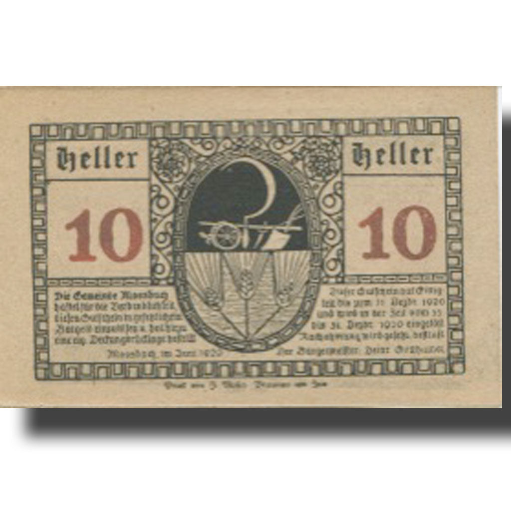 Banknote, Austria, Moosbach, 10 Heller, château, 1920 UNC(63) Meh:FS 628a
