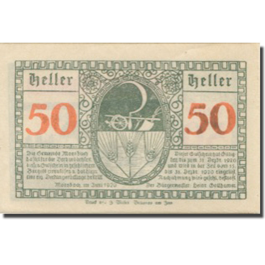 Banknote, Austria, Moosbach, 50 Heller, château 1, 1920 UNC(63) Mehl:FS 628a