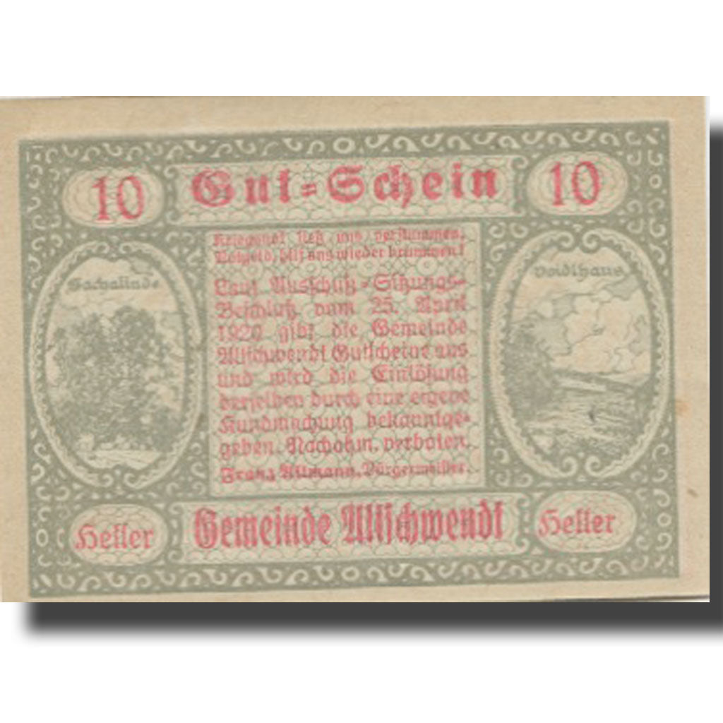 Banknote, Austria, Altschwendt, 10 Heller, Eglise, UNC(63), Mehl:FS 35IIa
