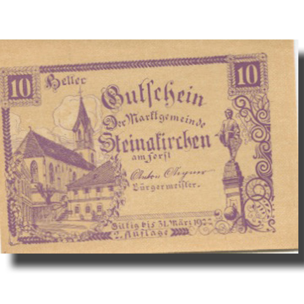 Banknote, Austria, Steinakirchen 10 Heller, Eglise, 1922 UNC(63) Mehl:FS 1017IIa