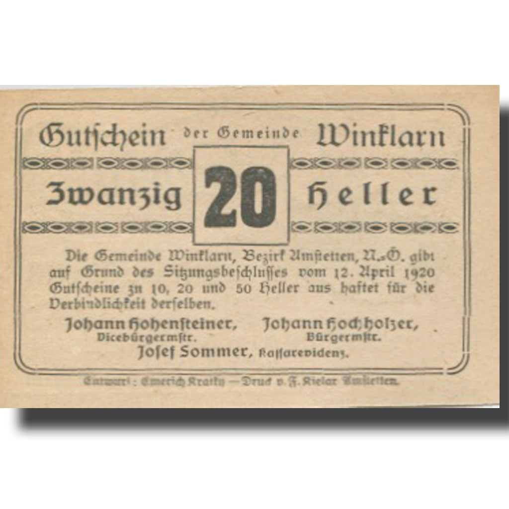 Banknote, Austria, Winklarn, 20 Heller, Eglise, 1920 UNC(63) Mehl:FS 1246c