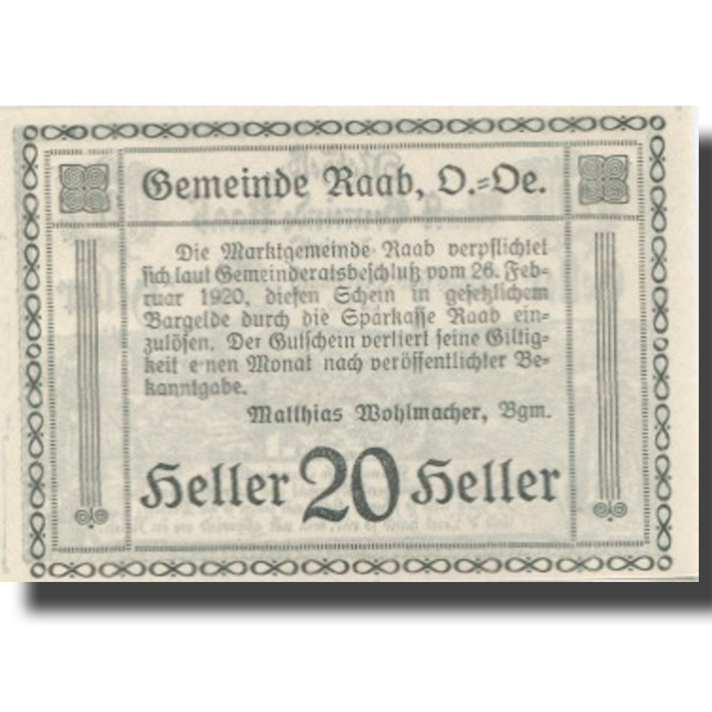 Banknote, Austria, Raab, 20 Heller, village, 1920 AU(55-58) Mehl:FS 805IIa