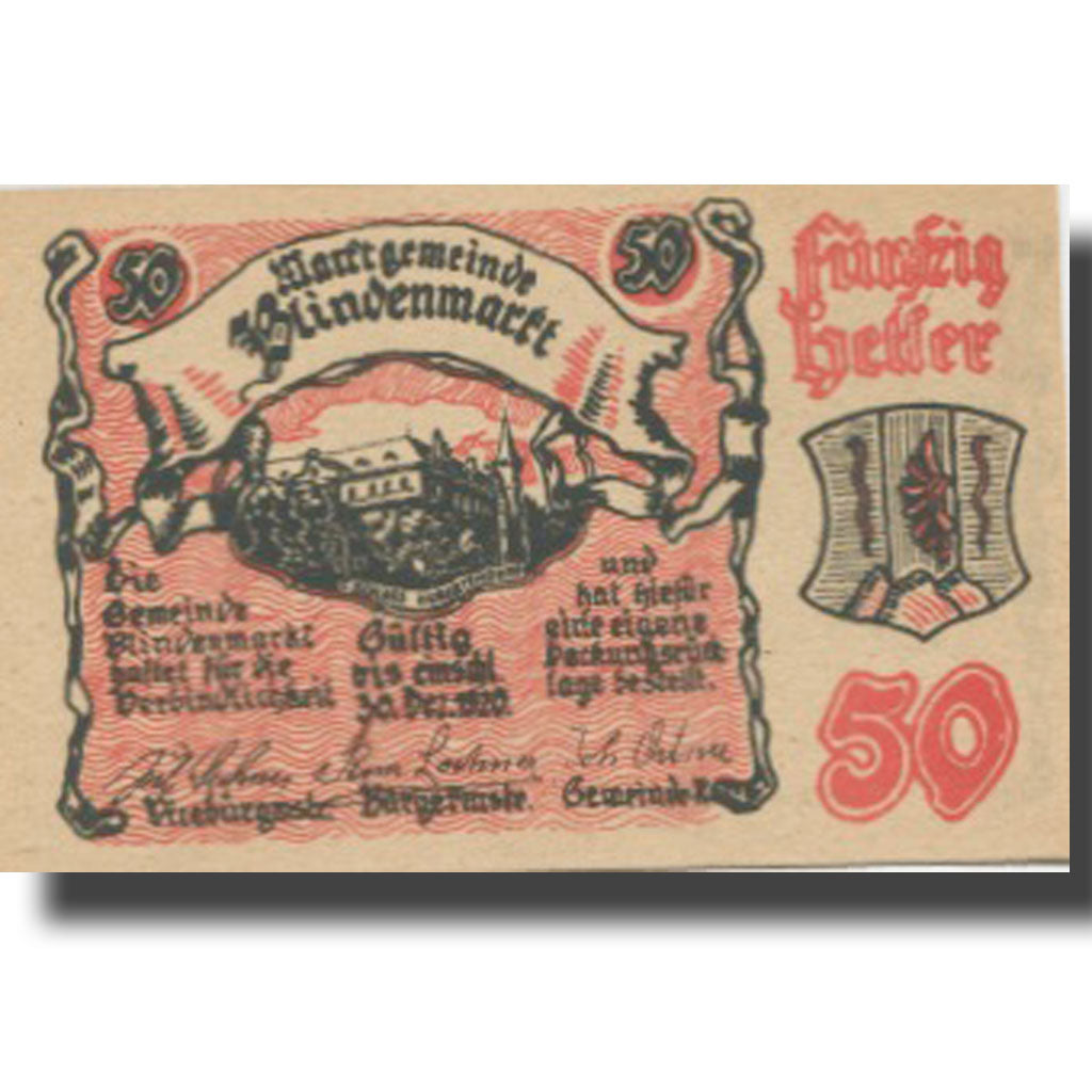 Banknote, Austria, Blindenmarkt, 50 Heller, Blason, 1920 UNC(63) Mehl:FS 93IIa