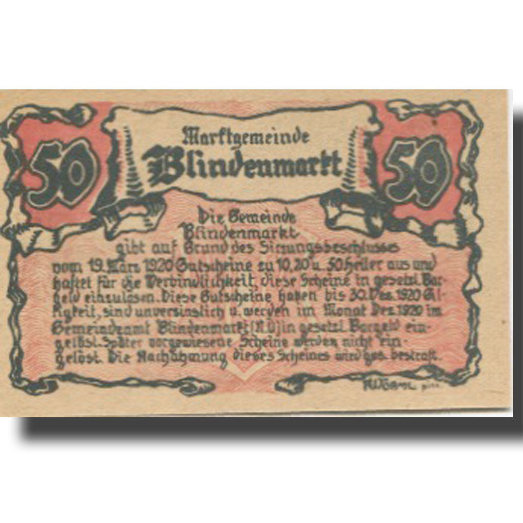 Banknote, Austria, Blindenmarkt, 50 Heller, Blason, 1920 UNC(63) Mehl:FS 93IIa