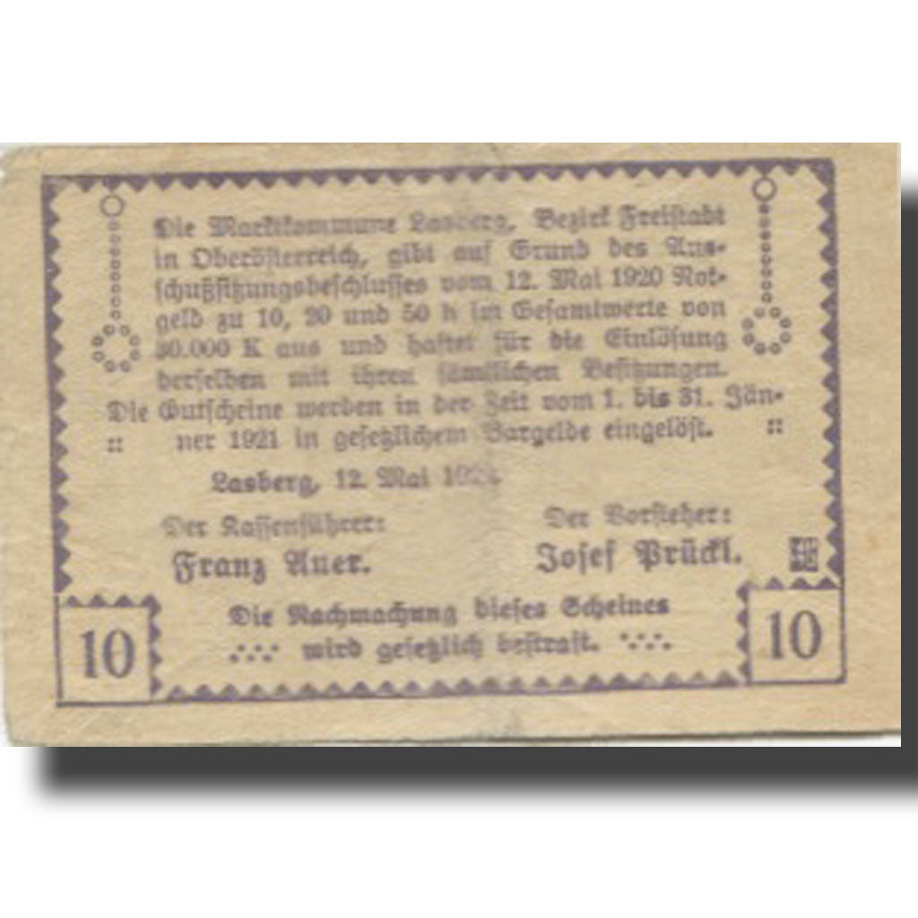 Banknote, Austria, Lasberg, 10Heller, village 1921-01-30, VF(20-25) Mehl:FS 505a