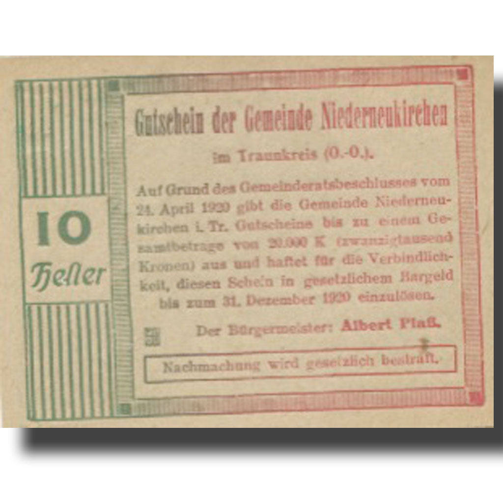 Banconote, Austria, Niederneukirchen, 10 Heller, Eglise, 1920 SPL Mehl:FS 670a