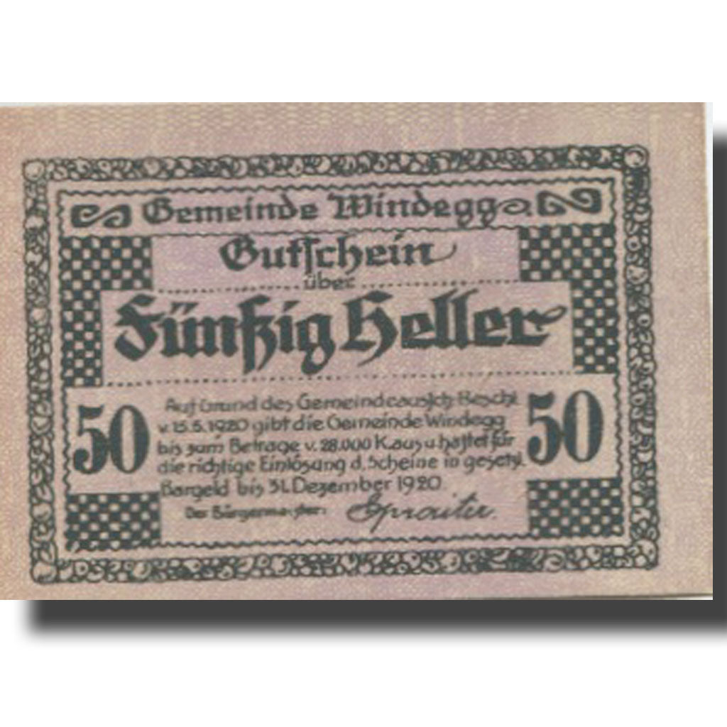 Banknote, Austria, Windegg, 50 Heller, château, 1920, UNC(63) Mehl:FS 1241Ia