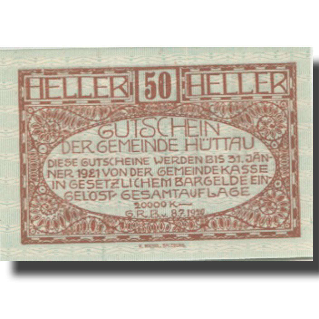 Banknote, Austria, Hüttau, 50 Heller, cavalier, 1921 UNC(63) Mehl:FS 401a