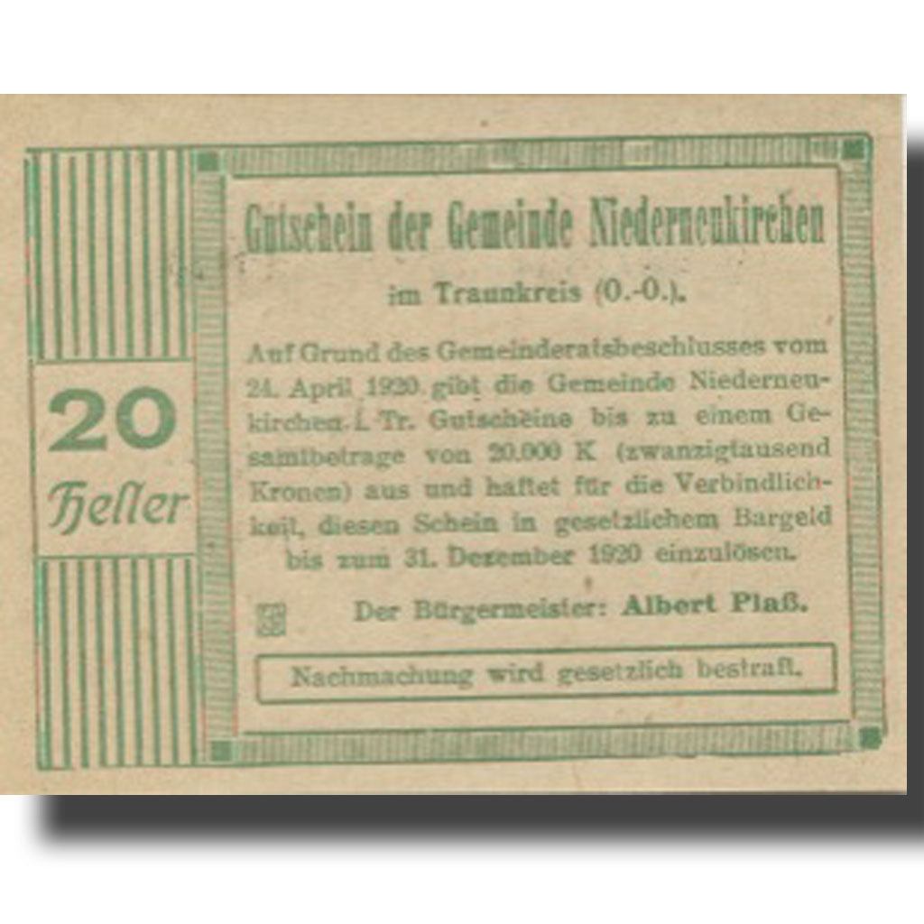 Banconote, Austria, Niederneukirchen, 20 Heller, Eglise 1, 1920 SPL Mehl:FS 670a