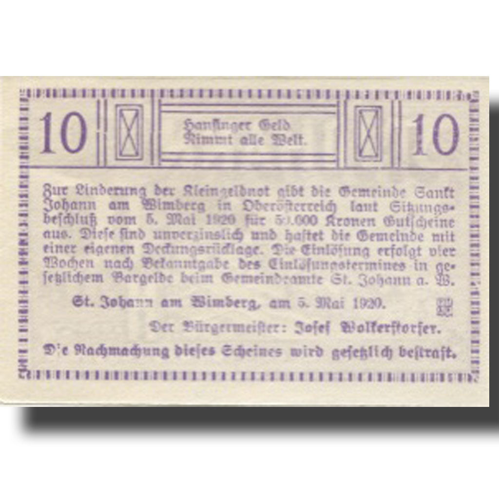 Banknote, Austria, St Johann, 10 Heller, champs, 1920 UNC(63) Mehl:FS 894