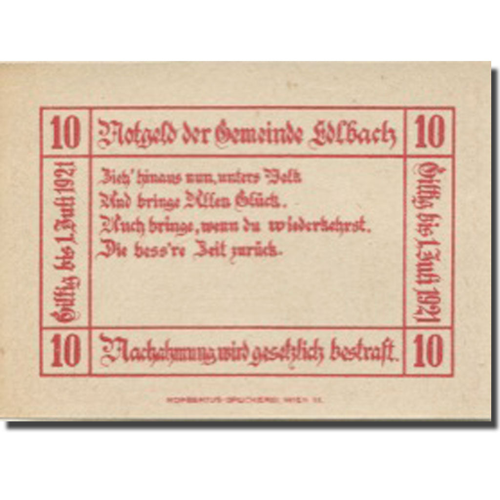 Banknote, Austria, Edlbach, 10 Heller, valeur faciale, 1921 UNC(63) Mehl:FS 150a