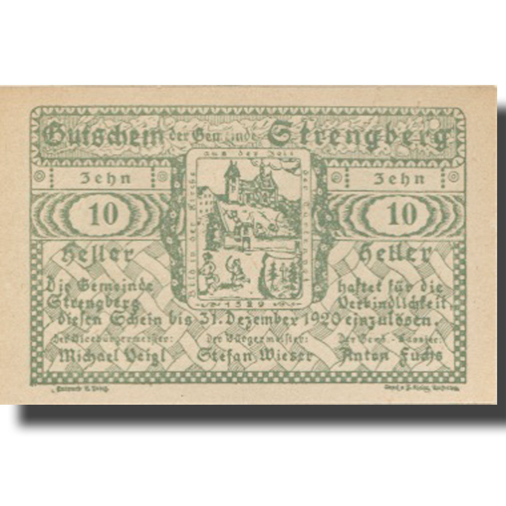Banconote, Austria, Strengberg, 10 Heller, village, 1920, SPL Mehl:FS 1049b