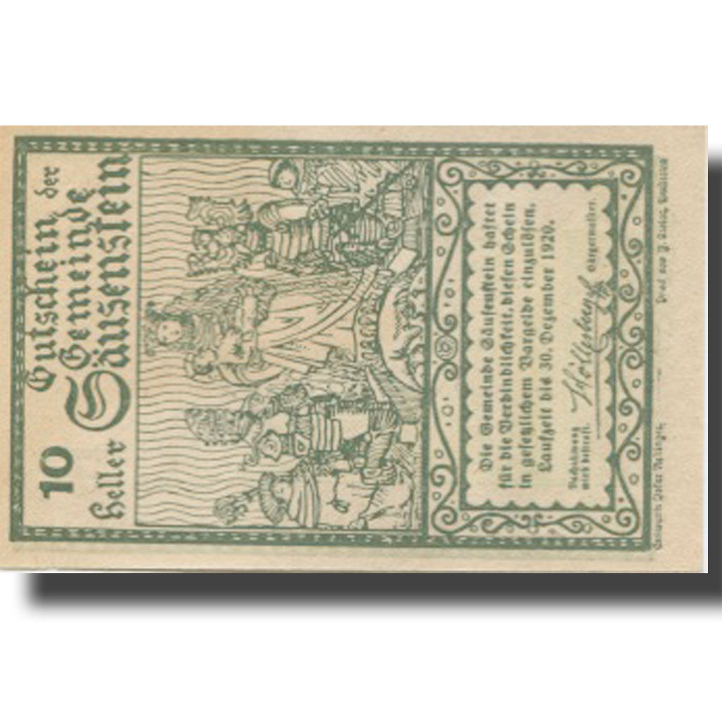 Banknote, Austria, Säusenstein, 10 Heller, Eglise, 1920 UNC(63) Mehl:FS 950a