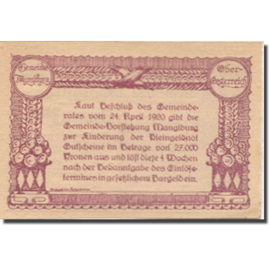 Banknote, Austria, Manglburg, 20 Heller, ferme, 1920 UNC(63) Mehl:FS 692