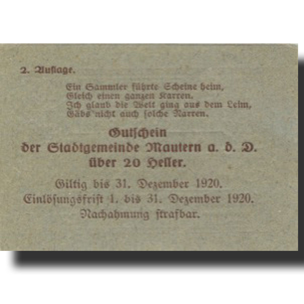 Banknote, Austria, Mautern, 20 Heller, pont, 1920 UNC(63), Mehl:FS 600IIa2