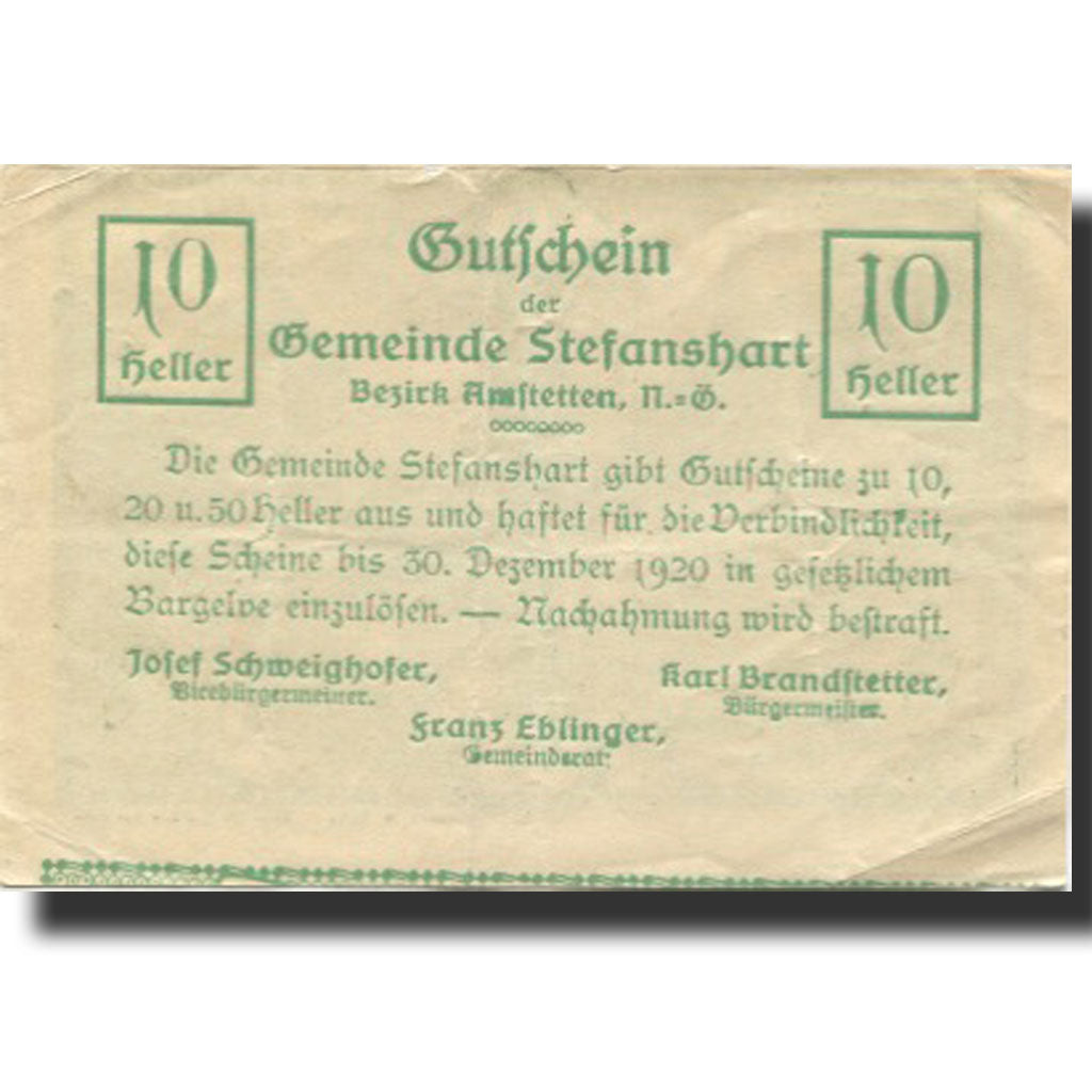 Banknote, Austria, Stefanshart, 10 Heller, Monument 1920 AU(55-58) Mehl:FS 1013a