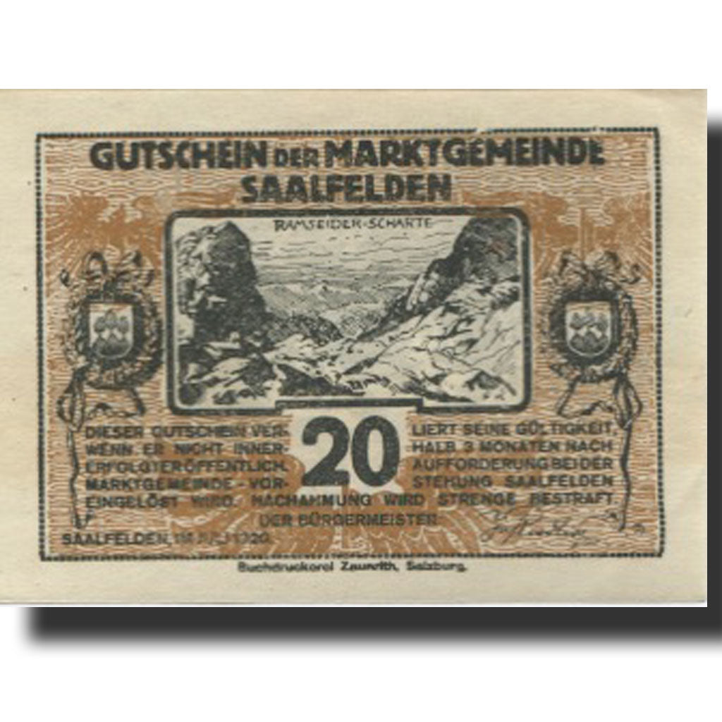 Banknote, Austria, Saalfelden, 20 Heller, montagne, 1920, UNC(63), Mehl:FS 859a
