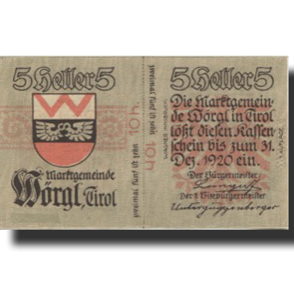 Banknote, Austria, Worgl, 5 Heller, Blason 1, 1920-12-31 UNC(63), Mehl:FS 1252a