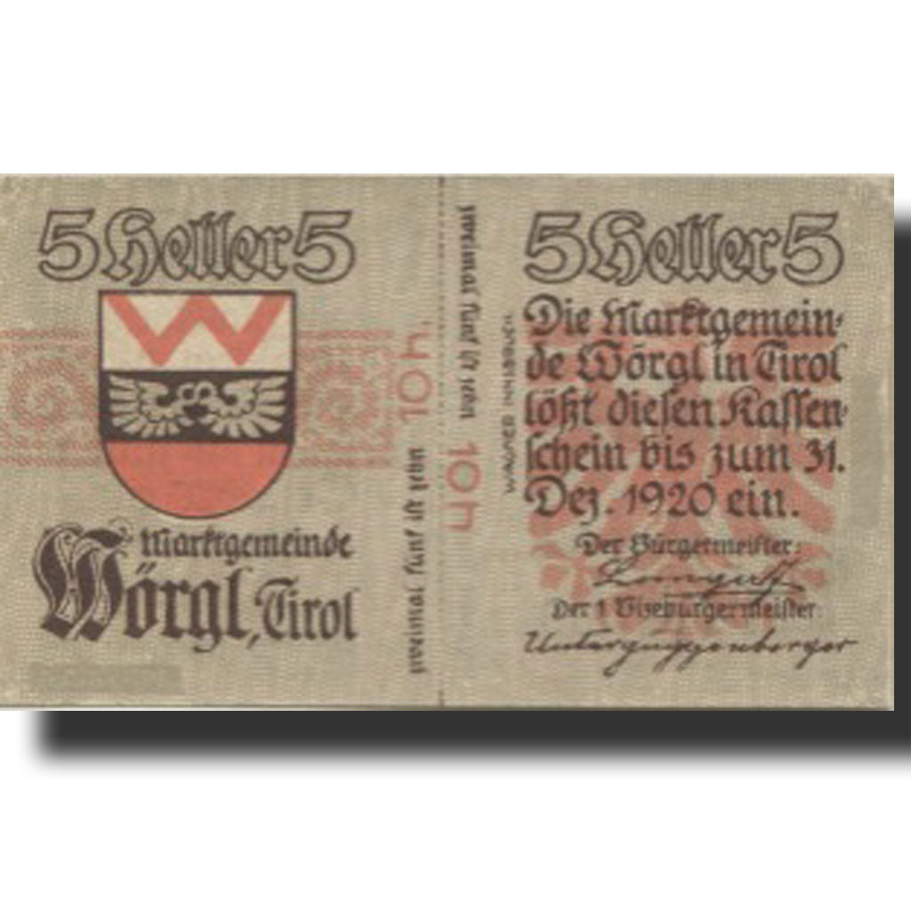 Banknote, Austria, Worgl, 5 Heller, Blason 1, 1920-12-31 UNC(63), Mehl:FS 1252a