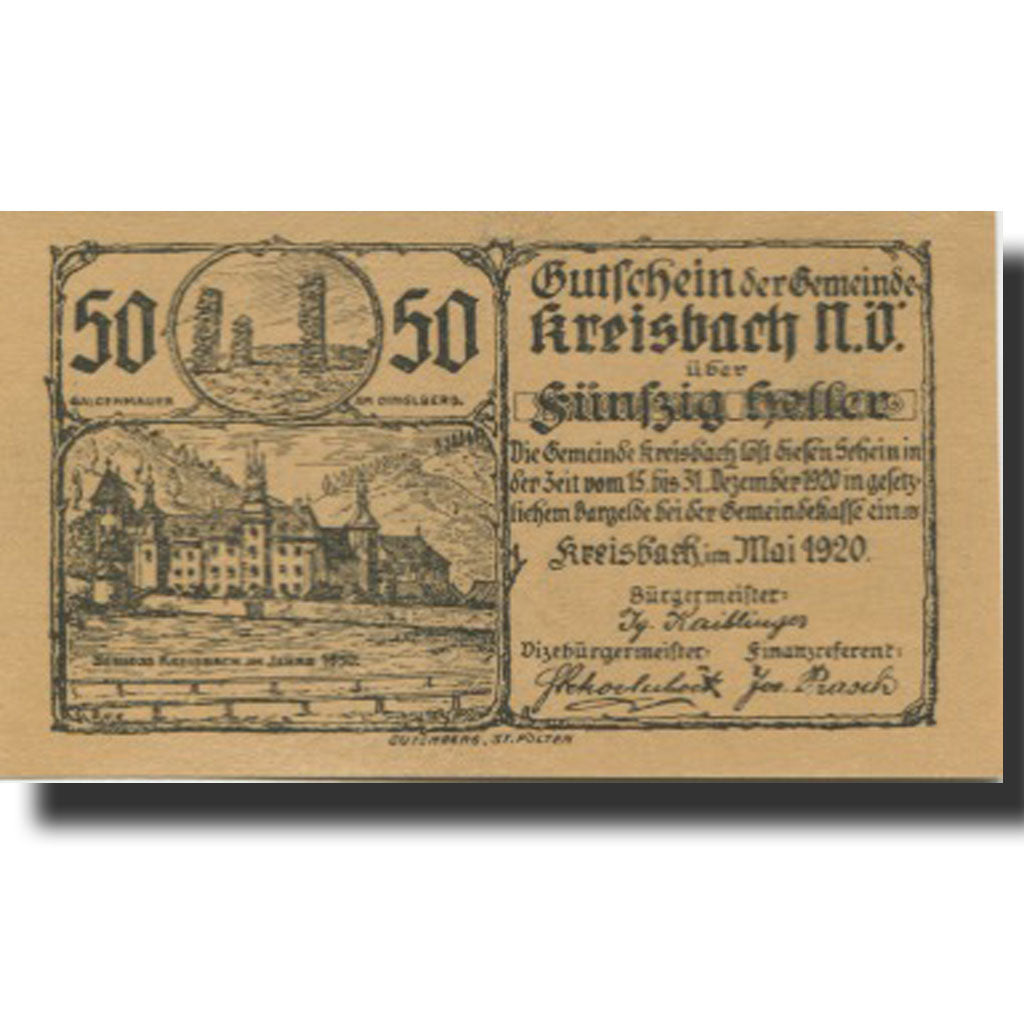 Banknote, Austria, Kreisbach, 50 Heller, château 3, 1920 UNC(63) Mehl:FS 386