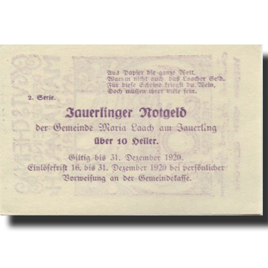 Banknote, Austria, Marialaach, 10 Heller, tour, 1920 UNC(63) Mehl:FS 430