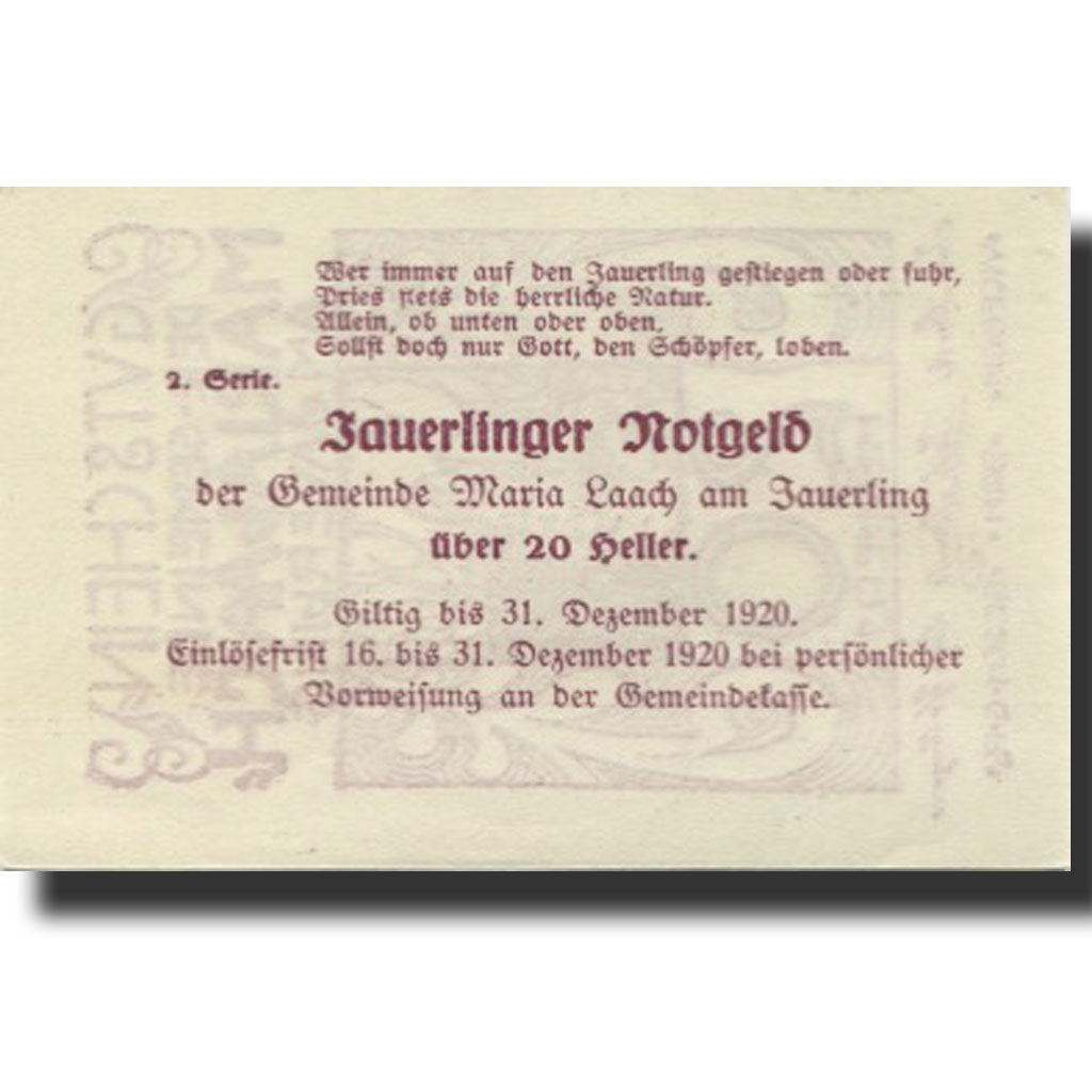 Banknote, Austria, Marialaach, 20 Heller, Eglise, 1920 UNC(63) Mehl:FS 430
