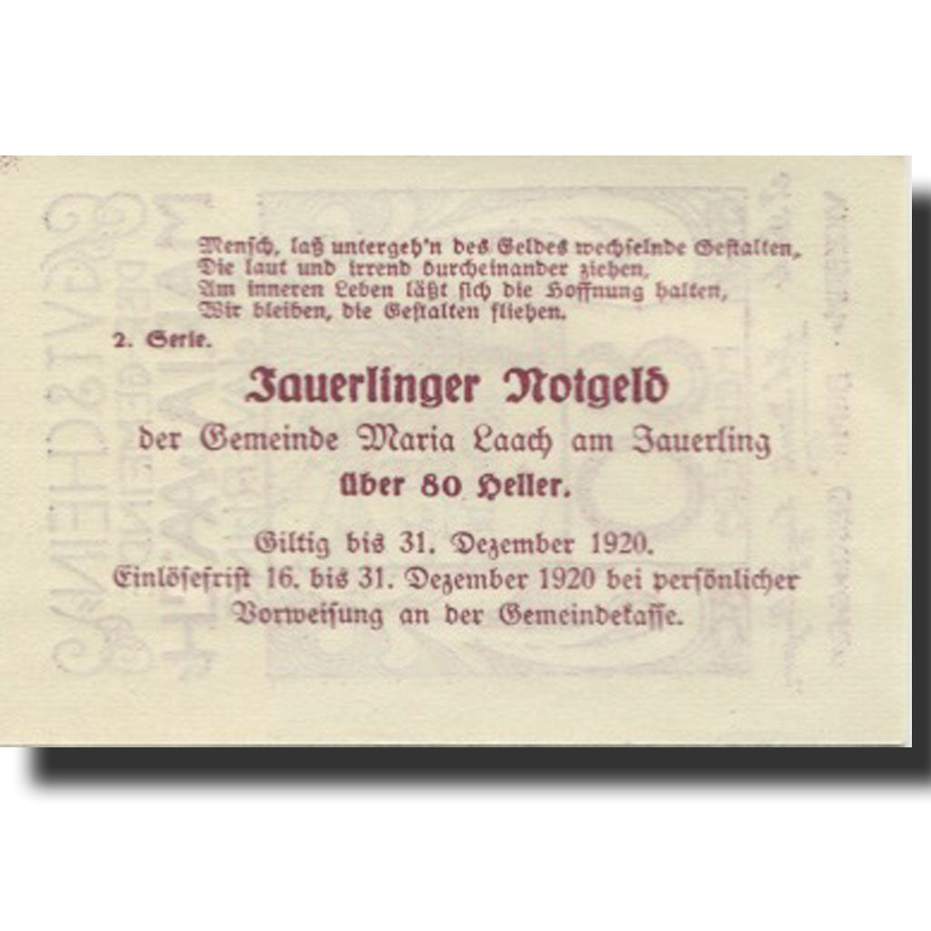 Banknote, Austria, Marialaach, 80 Heller, village, 1920 UNC(63) Mehl:FS 430