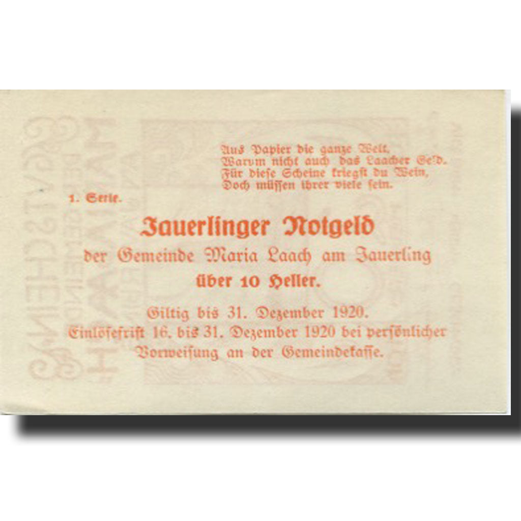 Banknote, Austria, Marialaach, 10 Heller, tour 1, 1920 UNC(63) Mehl:FS 430