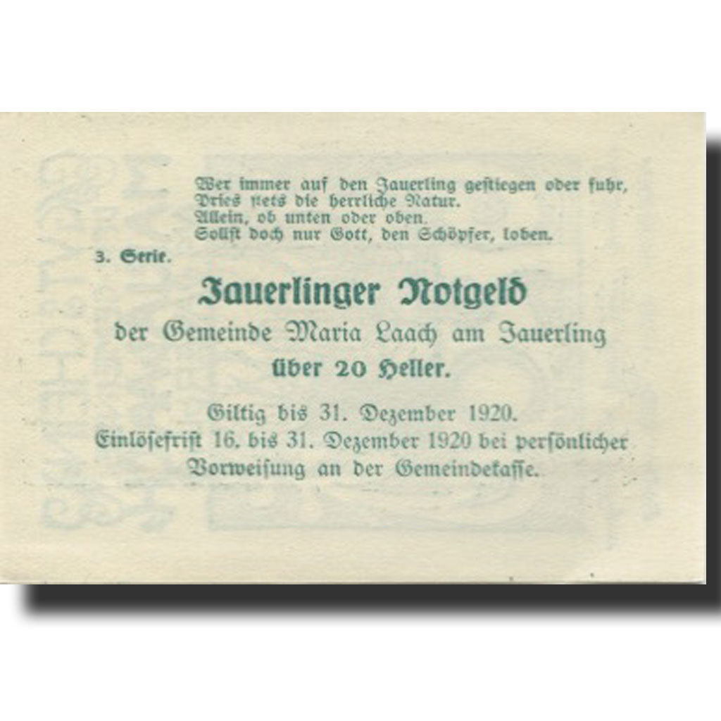 Banknote, Austria, Marialaach, 20 Heller, Eglise 1, 1920, UNC(63) Mehl:FS 430