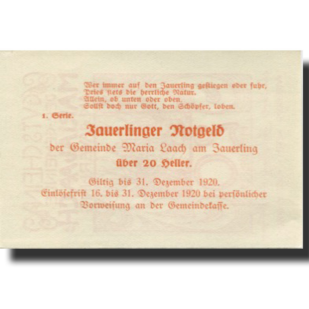 Banknote, Austria, Marialaach, 20 Heller, église 2, 1920 UNC(63) Mehl:FS 430