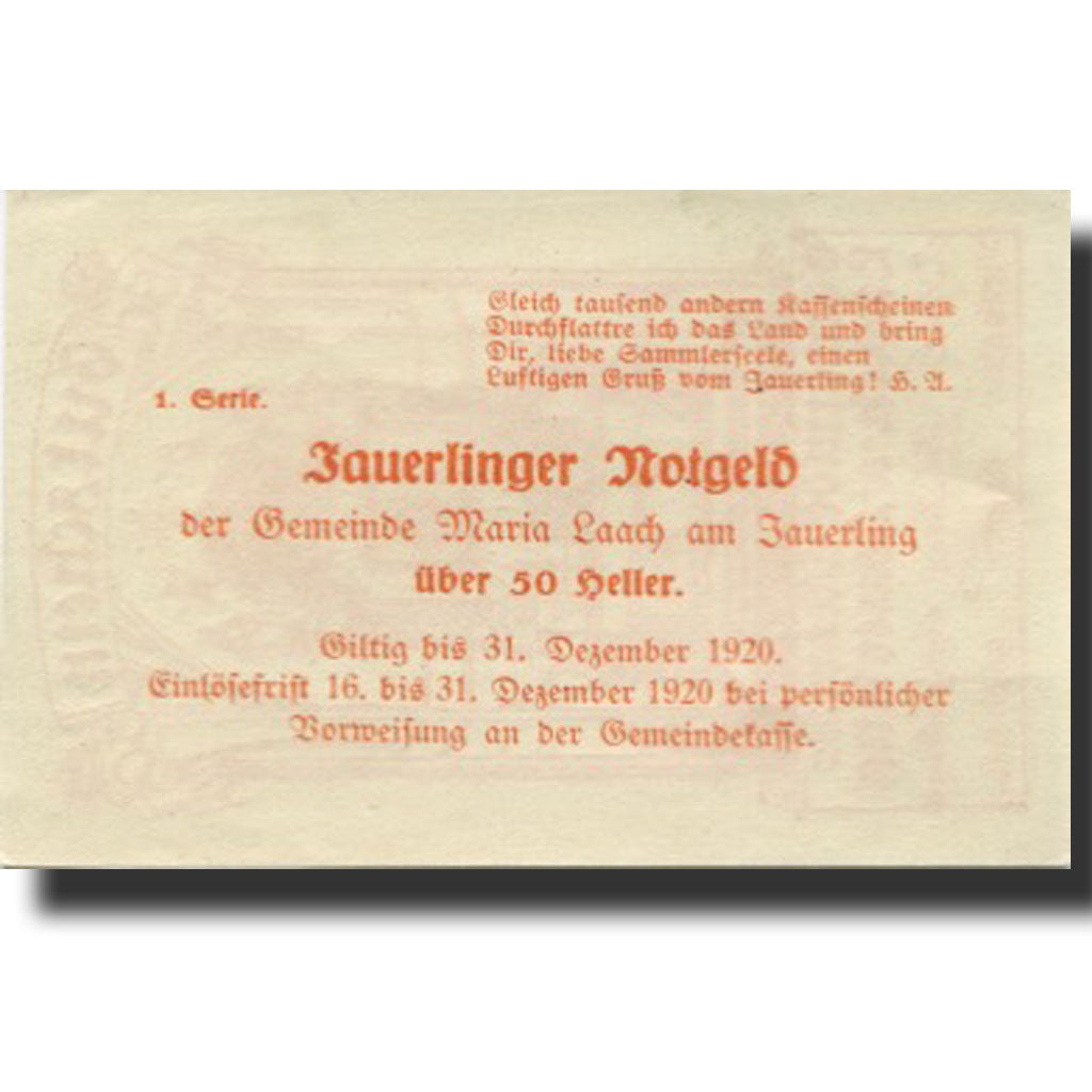 Banknote, Austria, Marialaach, 50 Heller, hôtel, 1920 UNC(63) Mehl:FS 430
