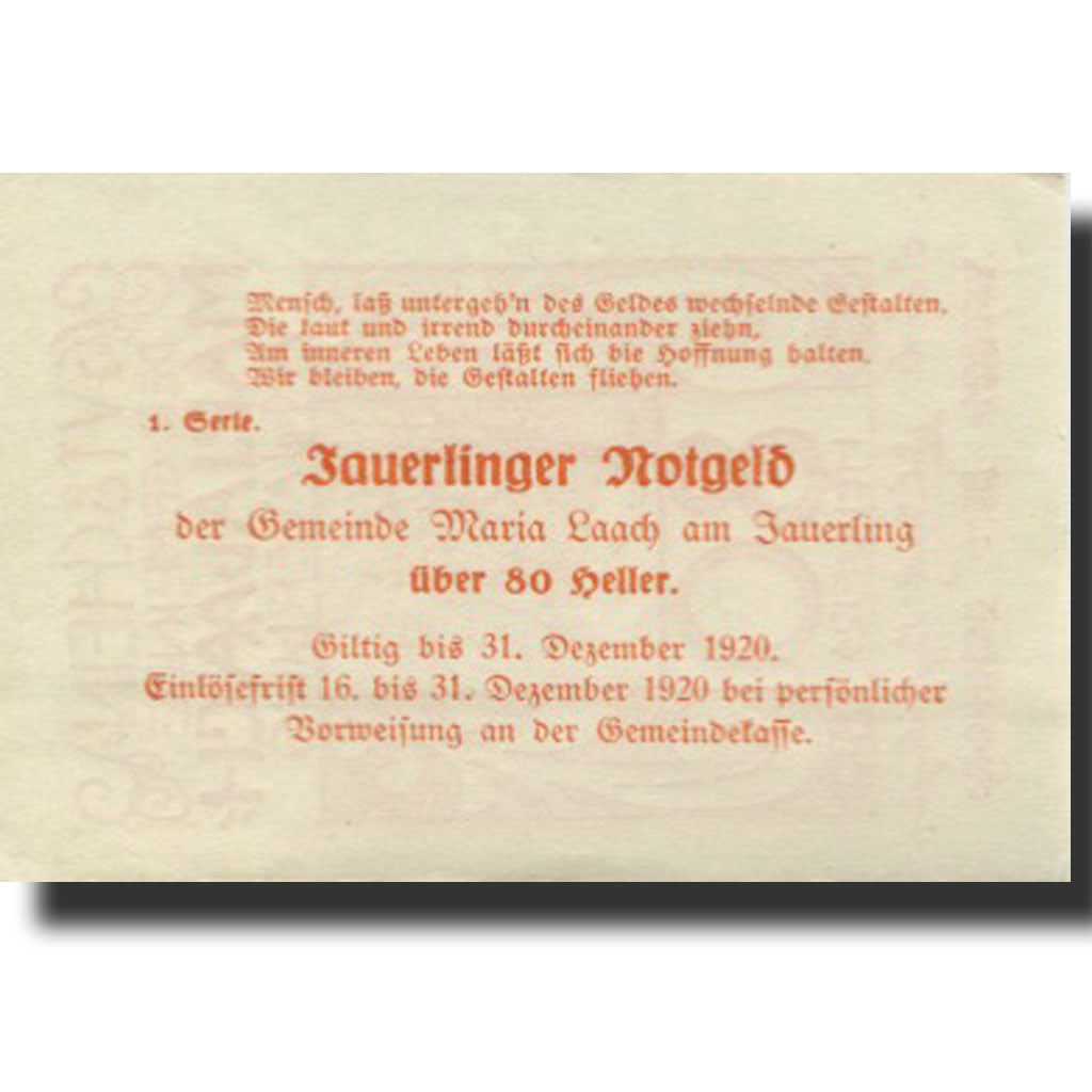 Banknote, Austria, Marialaach, 80 Heller, village 1, 1920 UNC(63) Mehl:FS 430