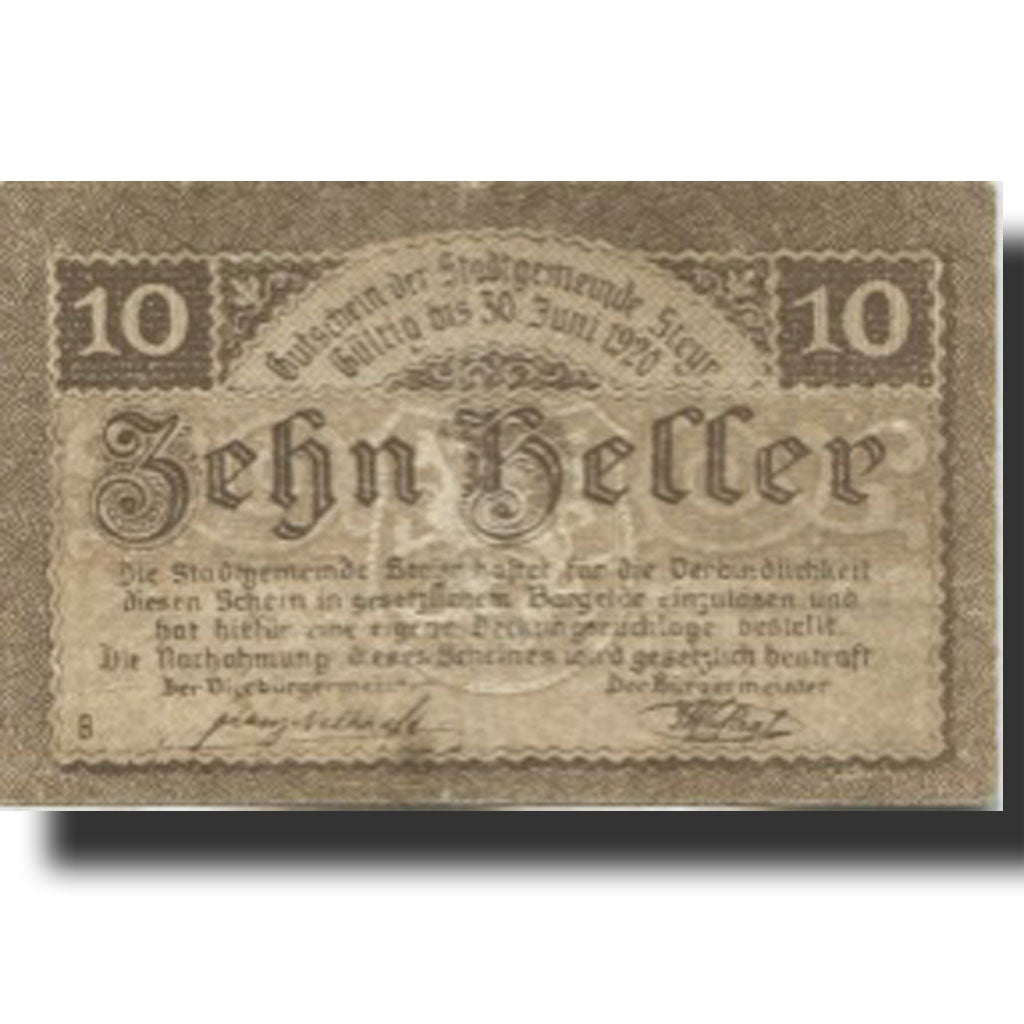 Banknote, Austria, Steyr, 10 Heller, Blason, 1920 VF(20-25) Mehl:FS 1034Ia