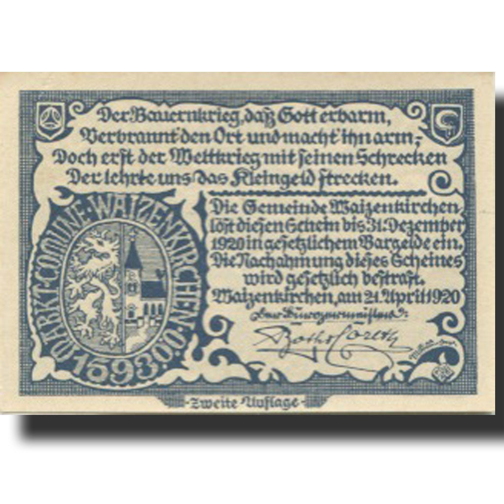 Banknote, Austria, Waizenkirchen, 20 Heller, village, 1920 UNC(63) Mehl:FS 1128a