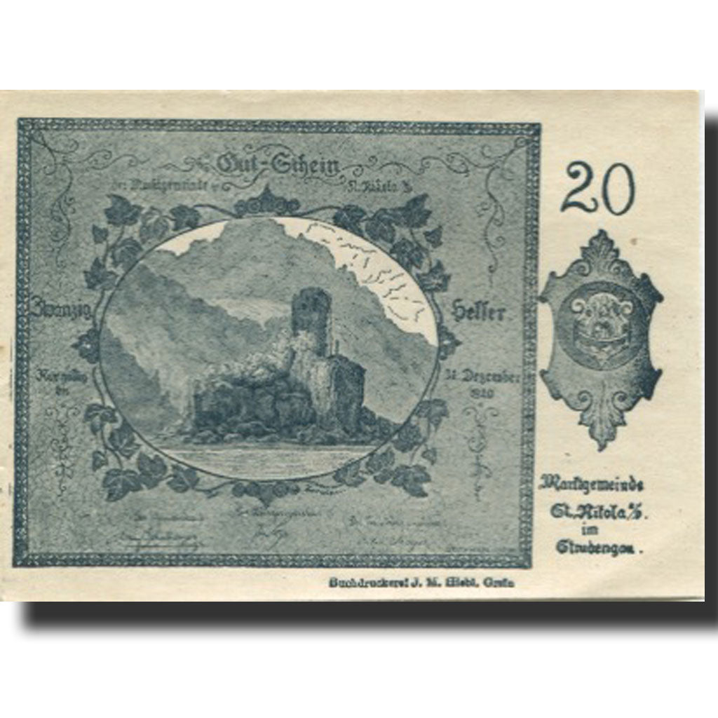 Banknote, Austria, St Nikola 20 Heller, rocher, 1920 UNC(55-58) Mehl:FS 914Ib