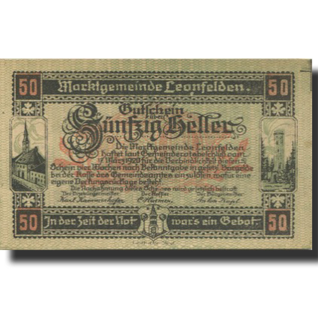 Banknote, Austria, Leonfelden, 50 Heller, Monument, 1920 UNC(63) Mehl:FS 514
