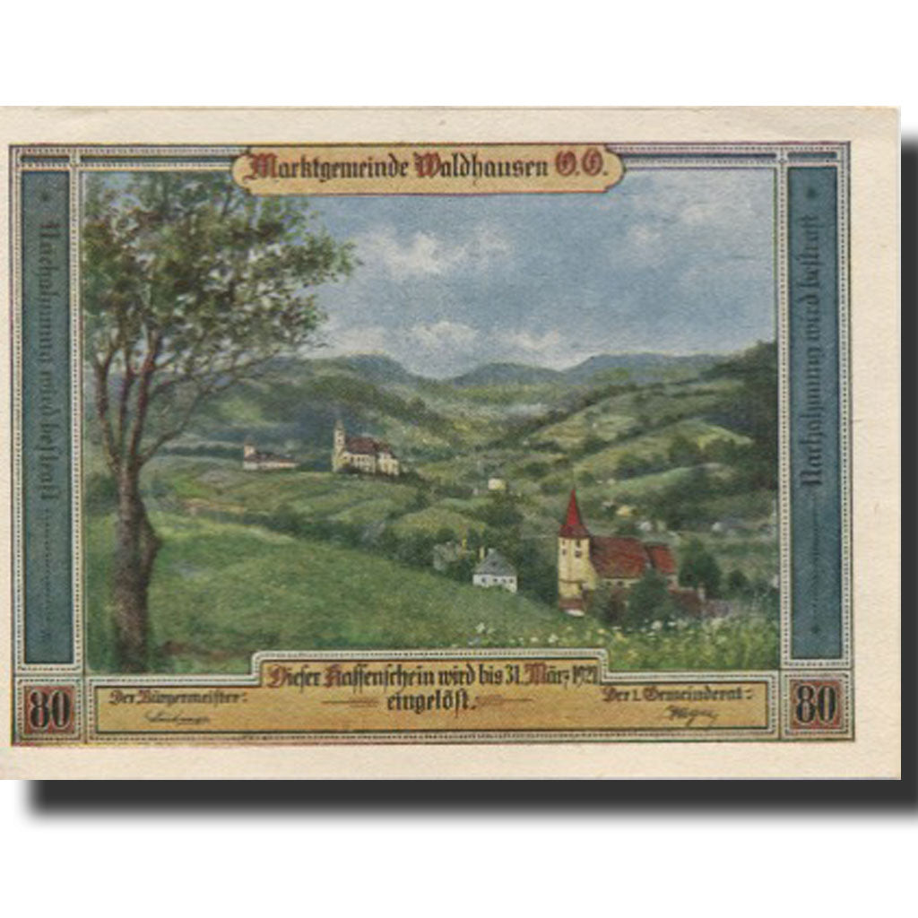 Banknote, Austria, Waldhausen, 80 Heller, paysage, 1921 UNC(63) Mehl:FS 1131d2