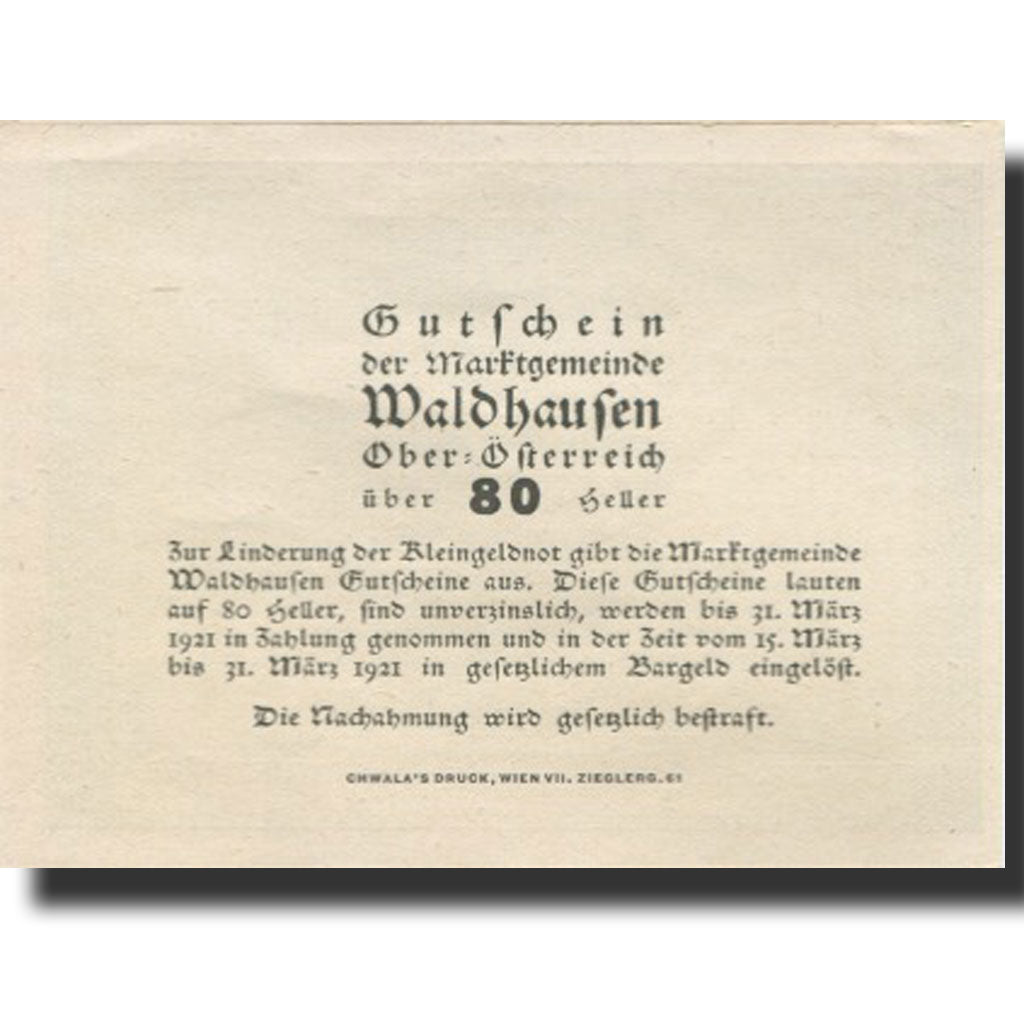Banknote, Austria, Waldhausen, 80 Heller, paysage, 1921 UNC(63) Mehl:FS 1131d2