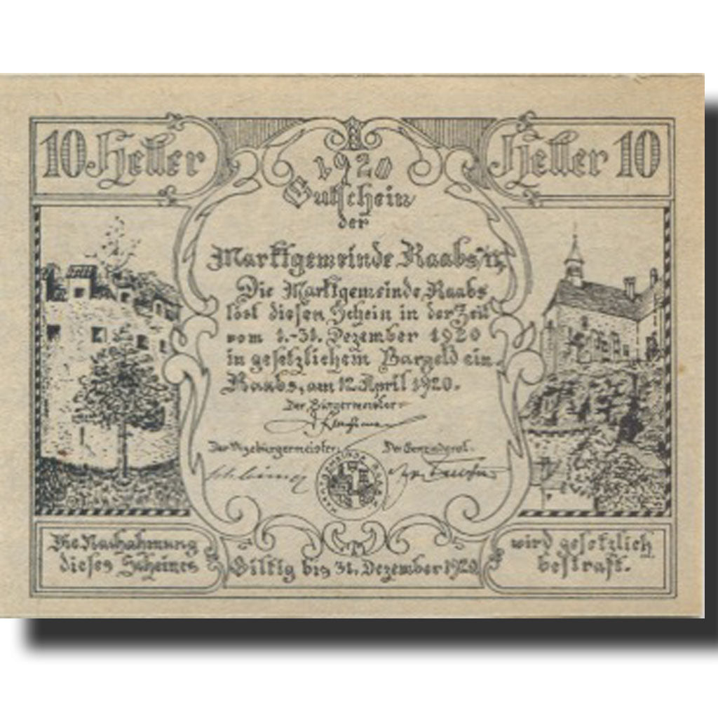 Banknote, Austria, Raabs, 10 Heller, château, 1920 UNC(63) Mehl:FS 806c