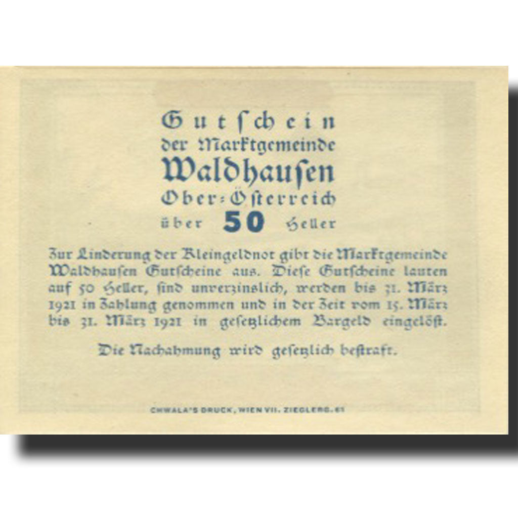 Banknote, Austria, Waldhausen, 50Heller, monastère, 1920, UNC(63) Mehl:FS 1131c