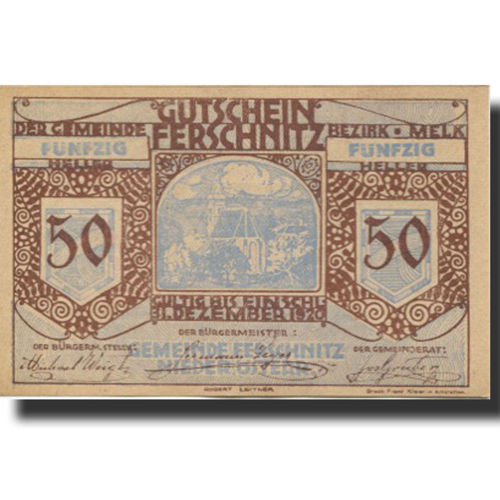 Banknote, Austria, Ferschnitz, 50 Heller, Eglise, 1920 UNC(63) Mehl:FS 198a