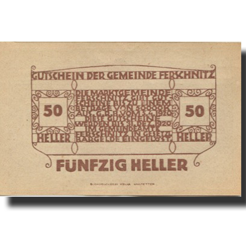 Banknote, Austria, Ferschnitz, 50 Heller, Eglise, 1920 UNC(63) Mehl:FS 198a