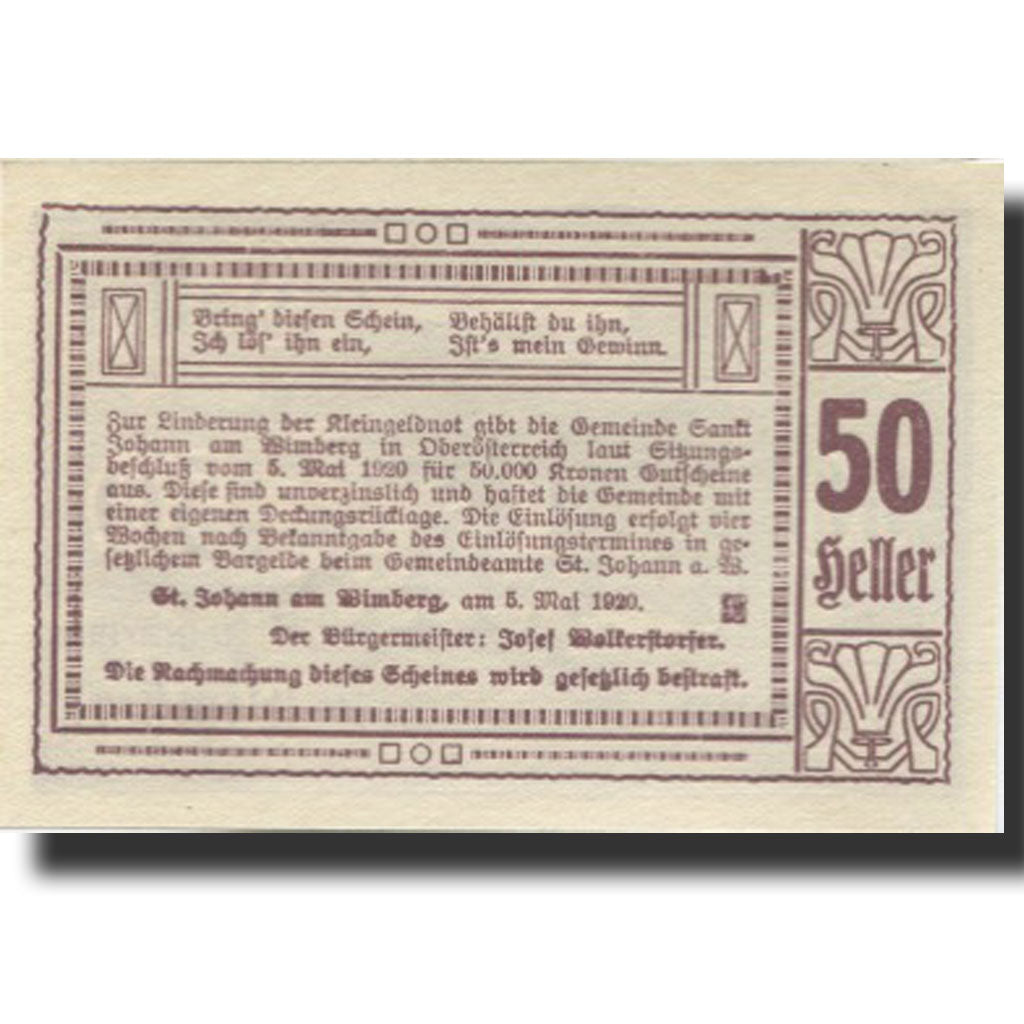 Banknote, Austria, St Johann, 50 Heller, Eglise 1920 UNC(63) Mehl:FS 894ab