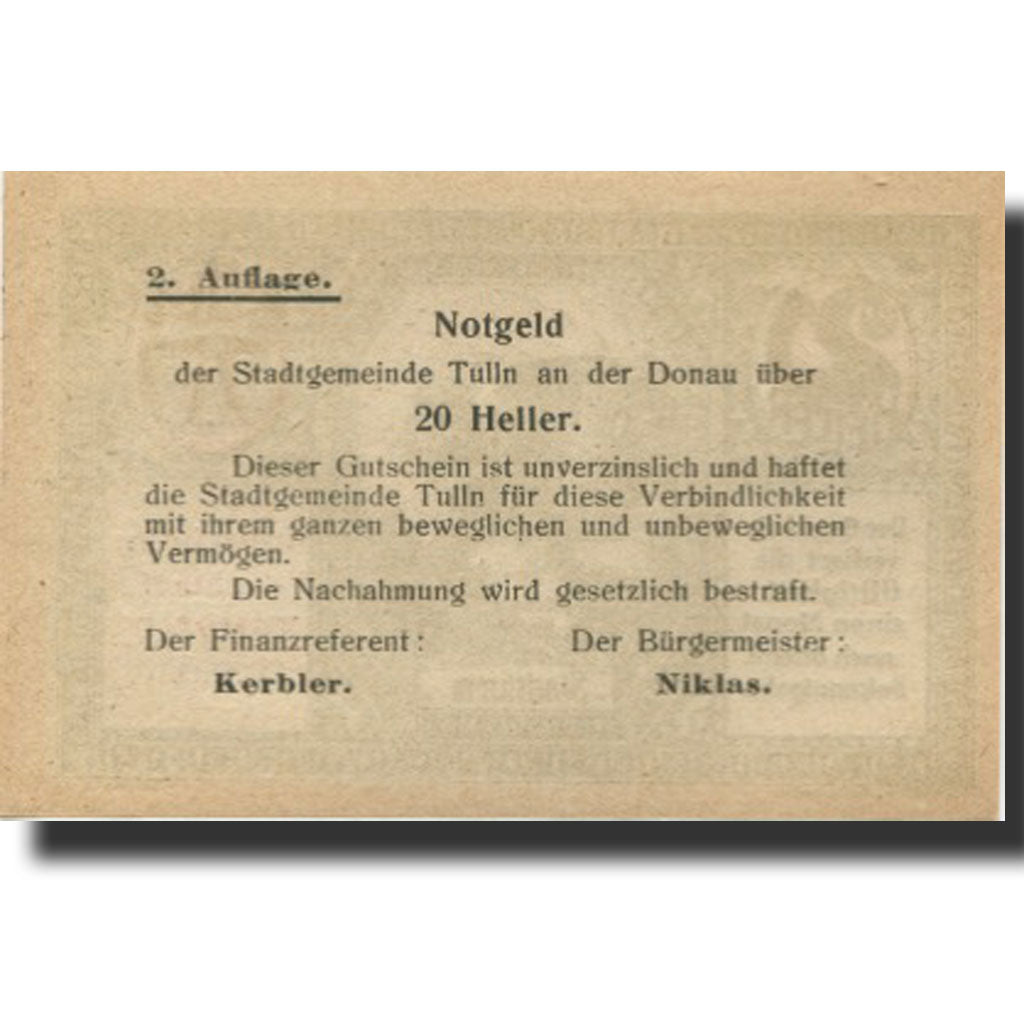 Billet, Autriche, Tulln an der Donau, 20 Heller, château, SPL, Mehl:FS 1083IIa