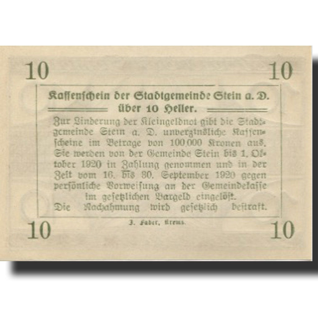 Banknote, Austria, Stein, 10 Heller, village, 1920 UNC(63) Mehl:FS 1015I.2
