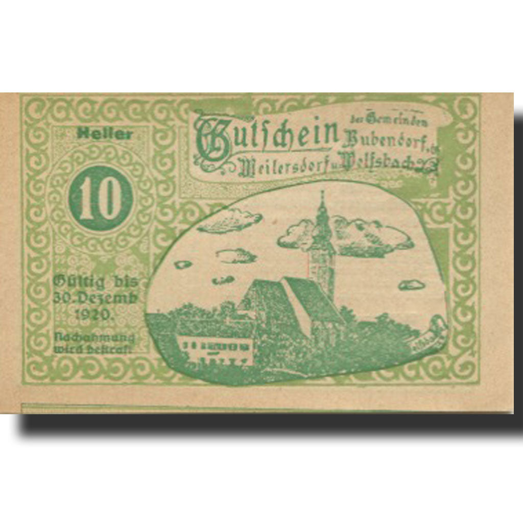 Banknote, Austria, Bubendorf, 10 Heller, Eglise, 1920 UNC(63) Mehl:FS 112e