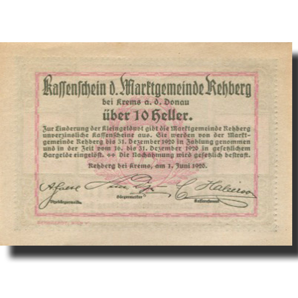 Banknote, Austria, Rehberg, 10 Heller, village, 1920, UNC(63) Mehl:FS 826