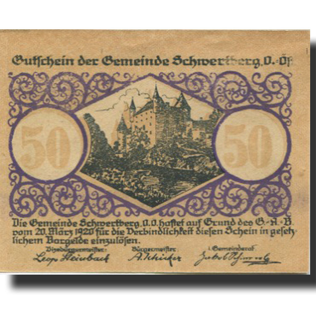 Banknote, Austria, Schwertberg, 50 Heller, Blason, 1920 UNC(63) Mehl:FS 984Ia