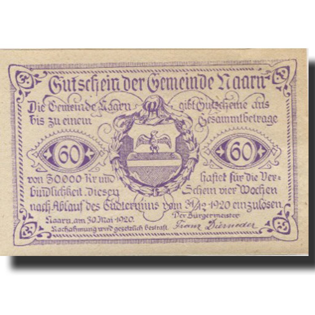 Banknote, Austria, Naarn, 60 Heller, Blason 1920-12-31, UNC(63), Mehl:FS 642a
